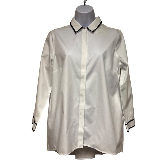 Chicos Women's Blouse White Button Up No Iron Cotton Contrast Trim Tunic Medium - Picture 2 of 13
